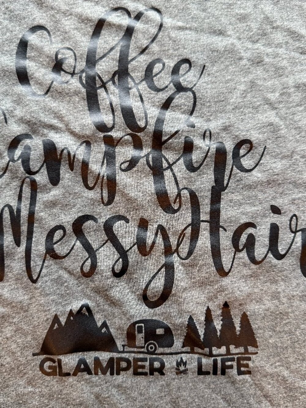 Glamper Life Coffee Campfire Messy Hair Tee L
